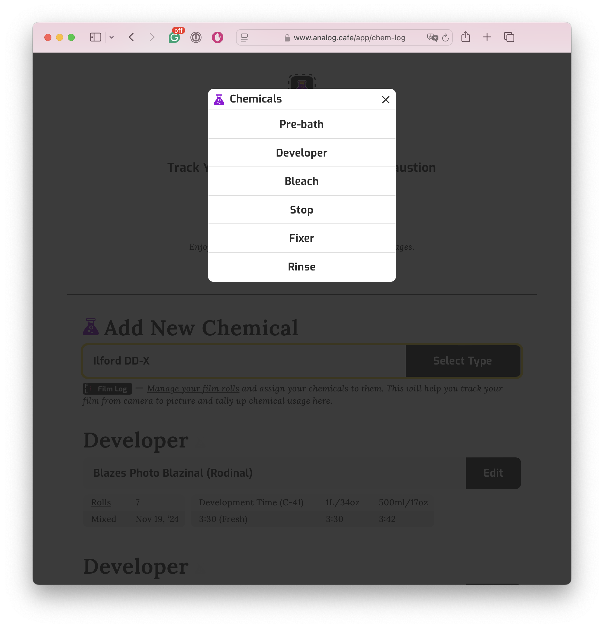 Adding chemicals to Chem Log